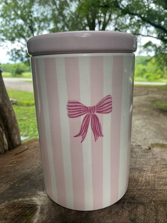Other - Pink Striped Ceramic Canister with Bow Accent - Home Accents